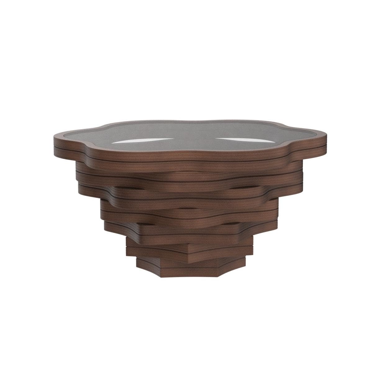 Papella Organic Round Coffee Table – Wavy Walnut Wood Base with Tempered Glass – Artistic Center Table for Modern Interiors, Studio & Office Furniture, Daisy Model
