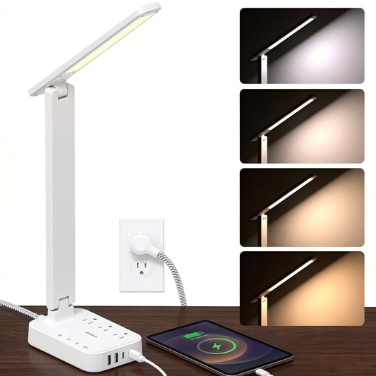 Addtam LED Desk Lamp, Power Strip with 3 Outlets 4 USB Charging Ports(2 USBC), 4 Modes 5 Level Brightness Touch Lamp, Small Desk Lamp for Home Office College Dorm Room Essentials, White