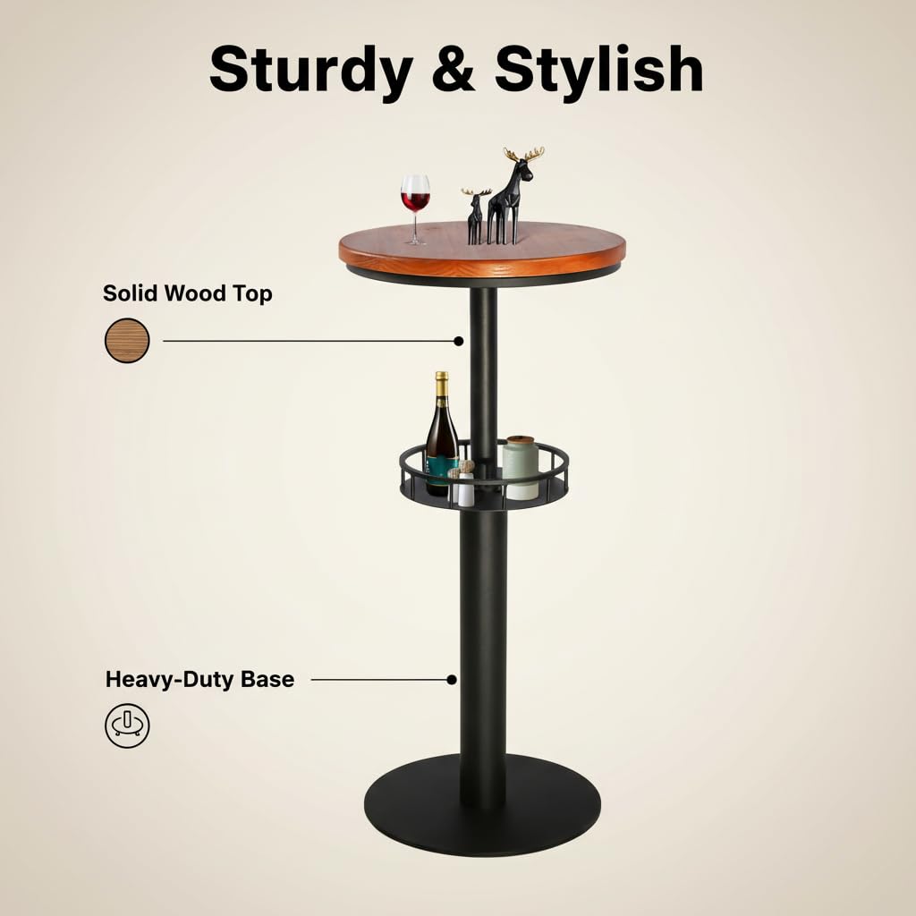 LOKKHAN 42" Tall Rustic Industrial Bar Table with Storage-19.68" Dia Round Wooden Top Metal Bar Height Adjustable Standing Pub Table-Dining Room Cocktail Bistro Table