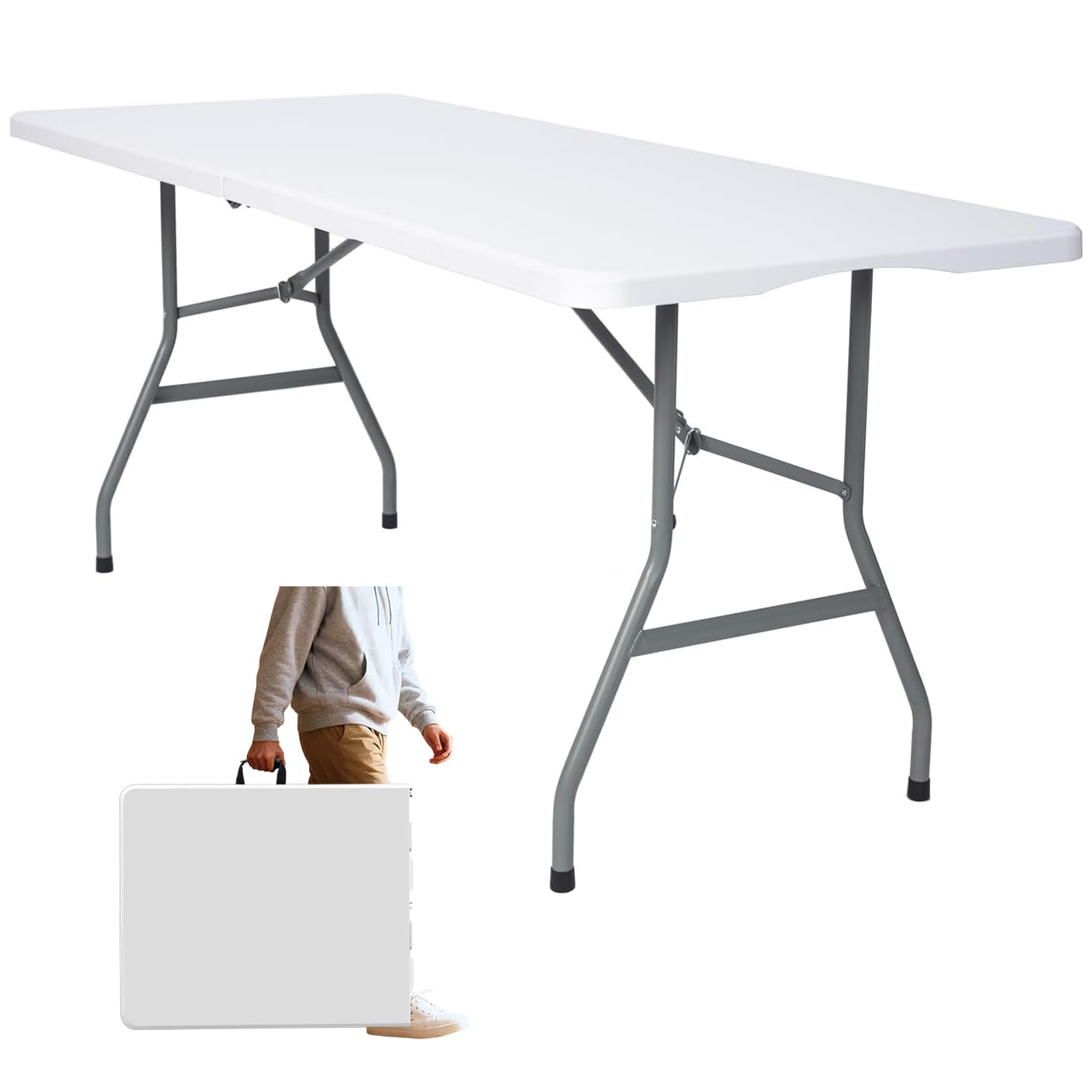 Vampire Killer Folding Table 6ft Foldable Table with Built in Handle & Steel Legs / 6FT Heavy Duty Folding Portable,Perfect for Party, Dining Indoor/Outdoor Events, Tailgating & Backyard BBQ, White