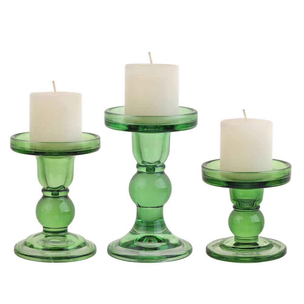 BTGLLAS 6-Piece Set of Green Glass Candlestick, Crystal Candlestick Holder Holder and Conical Candle, Christmas Candle Holder Decoration, Family Living Room Wedding Candle Holder (green2sets)