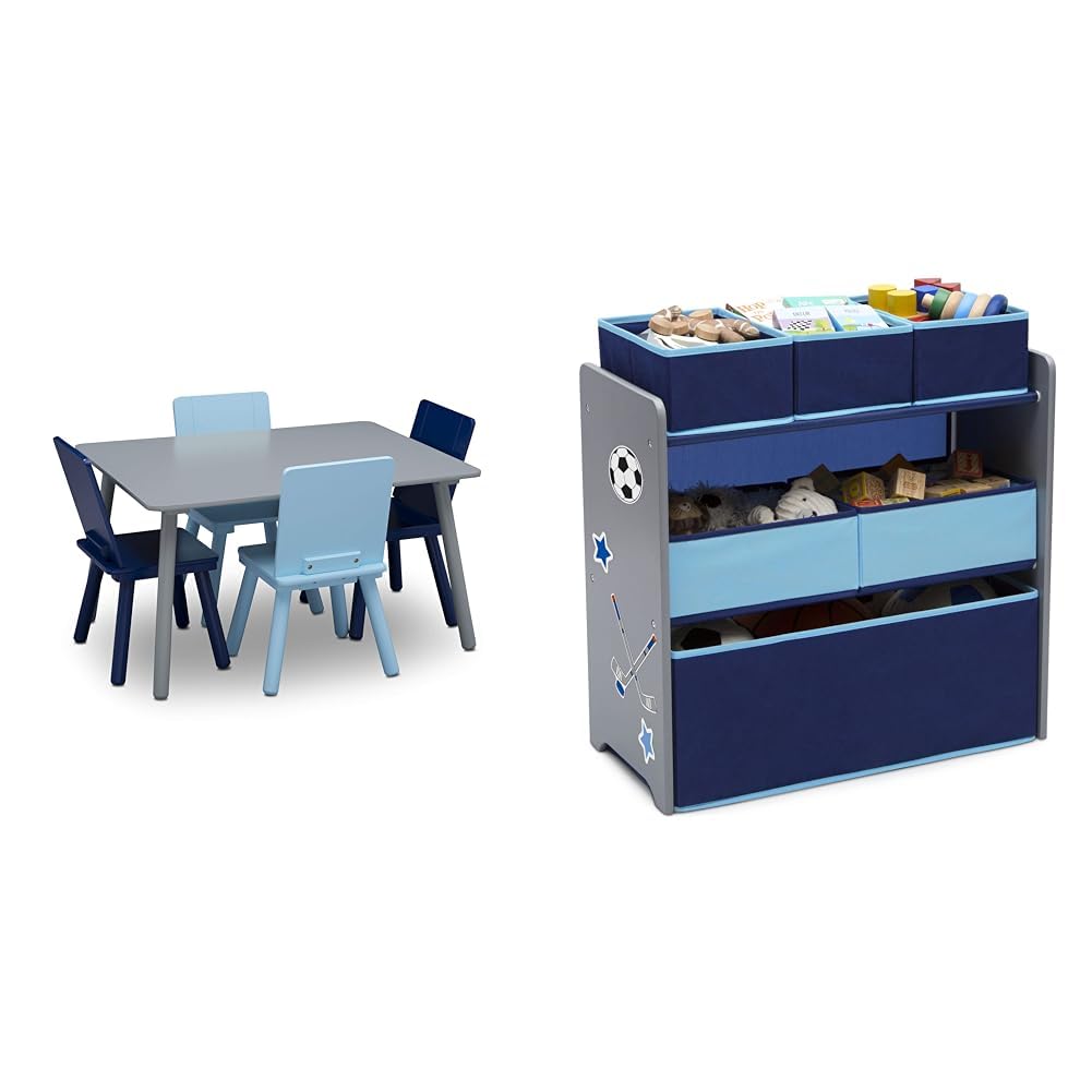 Delta Children Kids Table and Chair Set (4 Chairs Included), Grey/Blue & Design and Store 6 Bin Toy Organizer, Grey/Blue