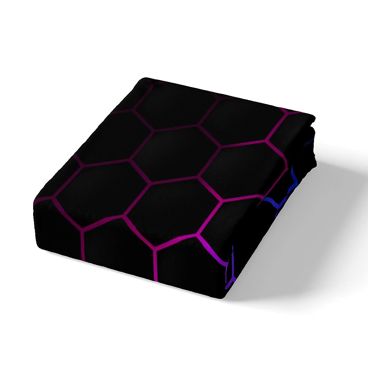 Hexagonal Bedding Sheets 3D Geometric Honeycomb Bed Sheet Set Kids Boys Girls Luxury Beehive Hexagon Bedding Fitted Sheet Neon Blue Purple Black Decor Bed Cover with 2 Pillowcases 3Pcs Bedding Queen