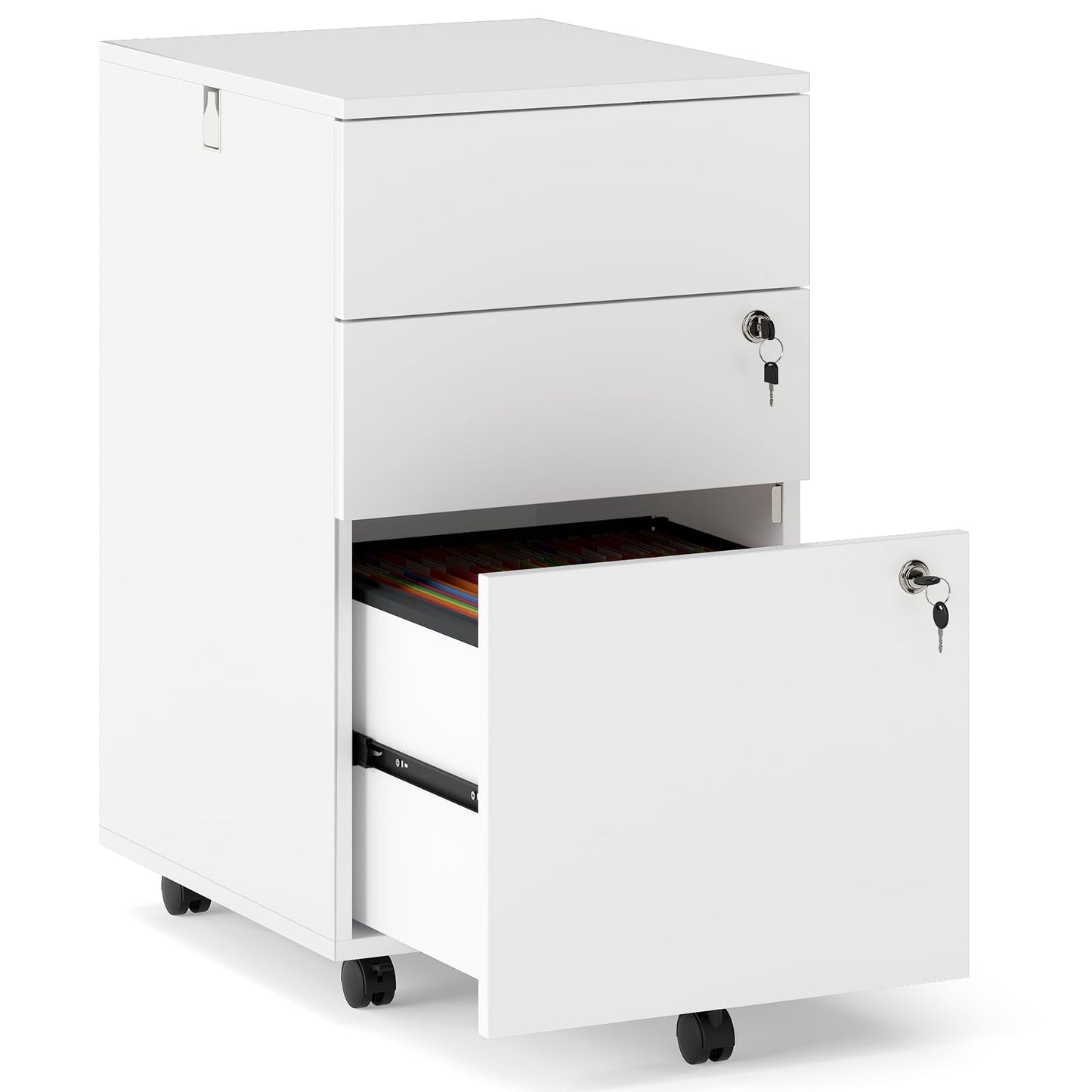 Giantex 3-Drawer File Cabinet with Lock, 27-Inches Storage Cabinet with 2 Side Hooks, Mobile Printer Stand, Wheels, 4 Keys, Vertical Filing Organizer fits Letter/A4 Size for Home Office (White)