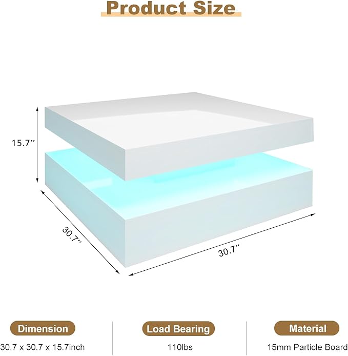 HedoAjim LED Coffee Table for Living Room, Living Room Table 2-Tier Square