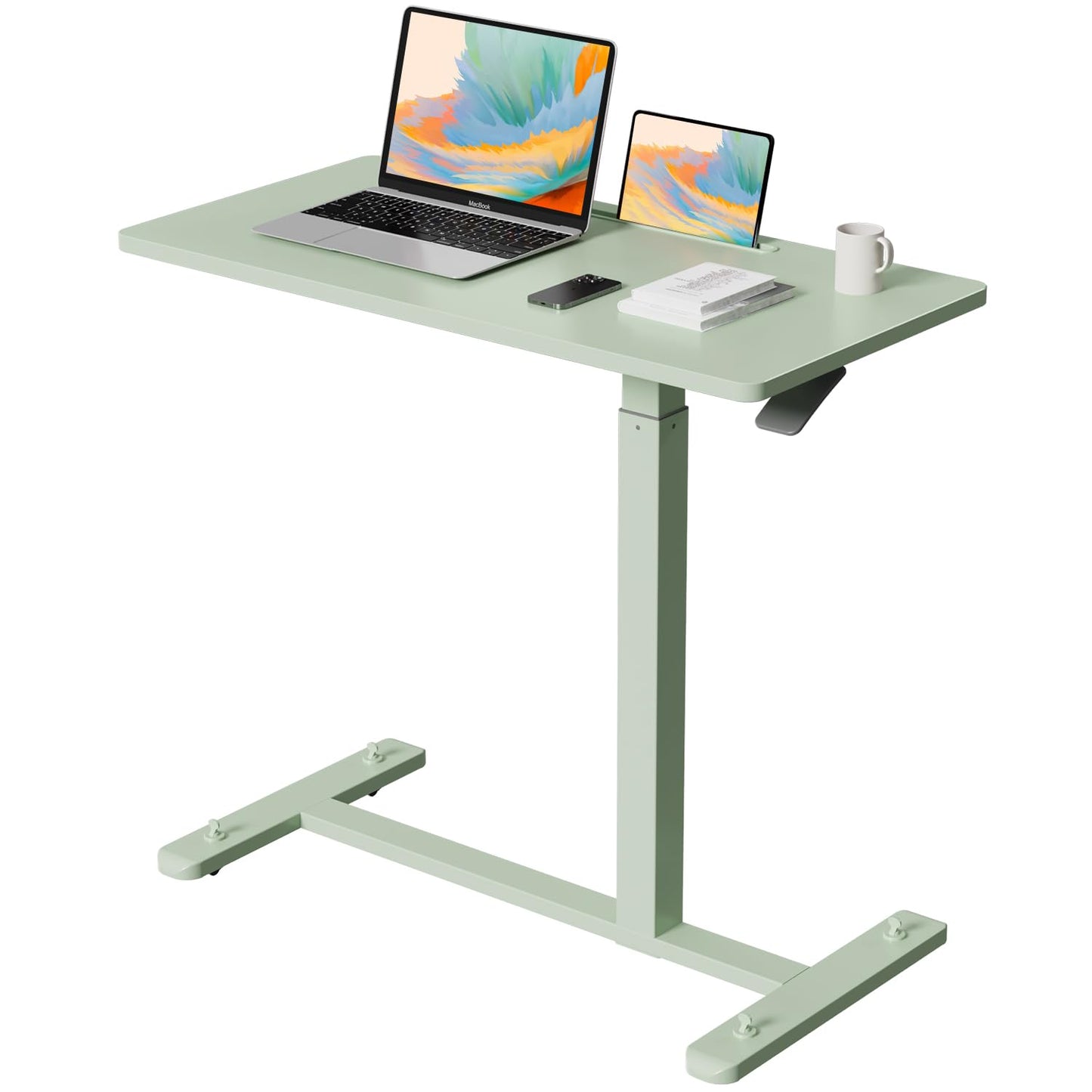 Gibbon Mounts Mobile Standing Desk, Pneumatic Adjustable Rolling Desk(31.5 Inches), Portable Laptop Desk with 4 Lockable Wheels, Overbed Bedside Table Laptop Table for Couch, Home, Office, Green