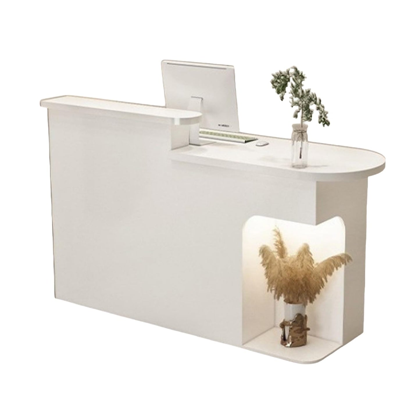 JQslycdmv Reception Desk, Lockable Drawers & Keyboard Tray, Display Cabinet with Lighting, for Checkout, Barber, Beauty Salon, Home Office(White – Left,80cm)