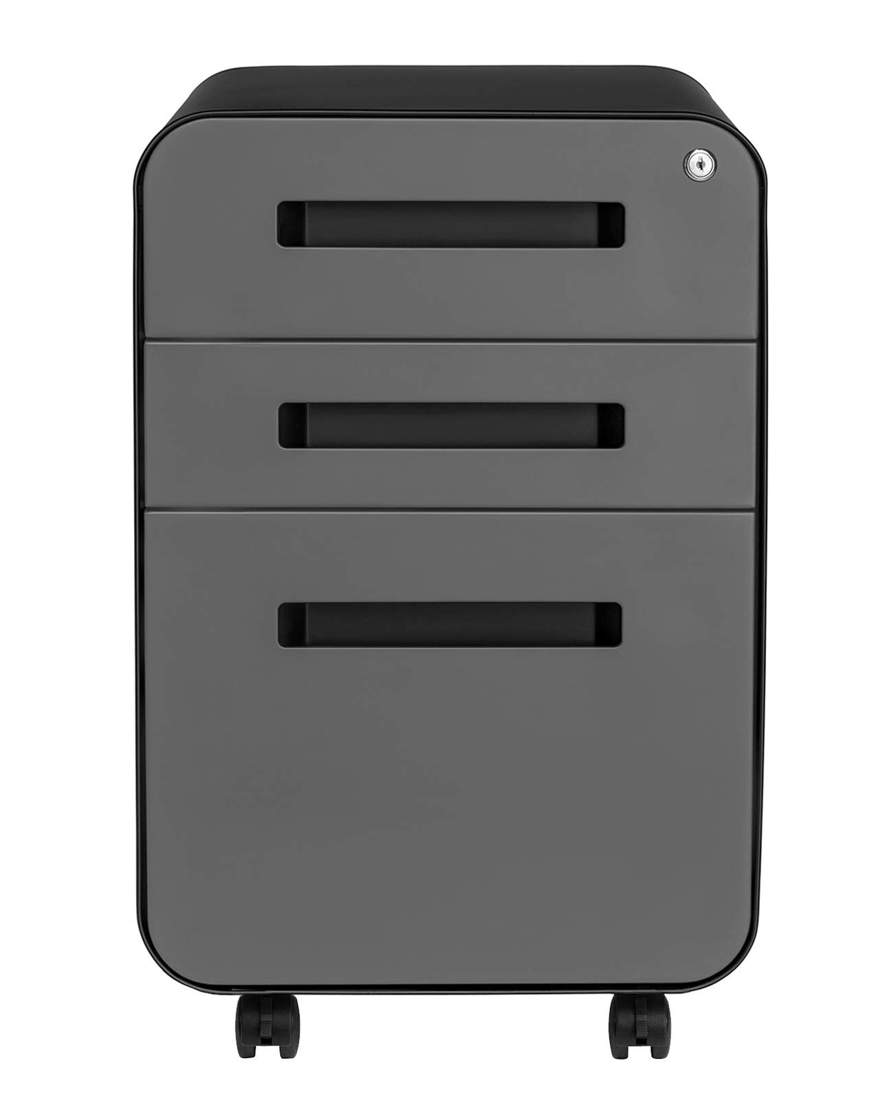 Laura Davidson Furniture Stockpile 3 Drawer File Cabinet with Lock - Under Office Desk Metal Filing Cabinet, Legal/Letter File Folders, Wheels and Stationary Feet, Pre-Assembled, Black/Grey