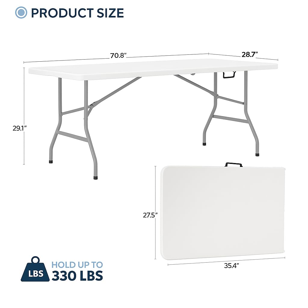 +gardenlife Folding Table 6ft | Heavy Duty Plastic Event Table with Carrying Handle | No Assembly Required | Portable with Side Lock | Powder-Coated Steel Legs
