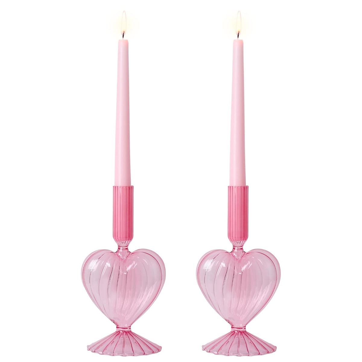 NEEDOMO Valentines Day Decorations, Set of 2 Pink Heart Glass Candlestick Holders for Valentines Decor, Taper Candle Holders Table Centerpieces for Romantic Wedding Party Mantel Decor