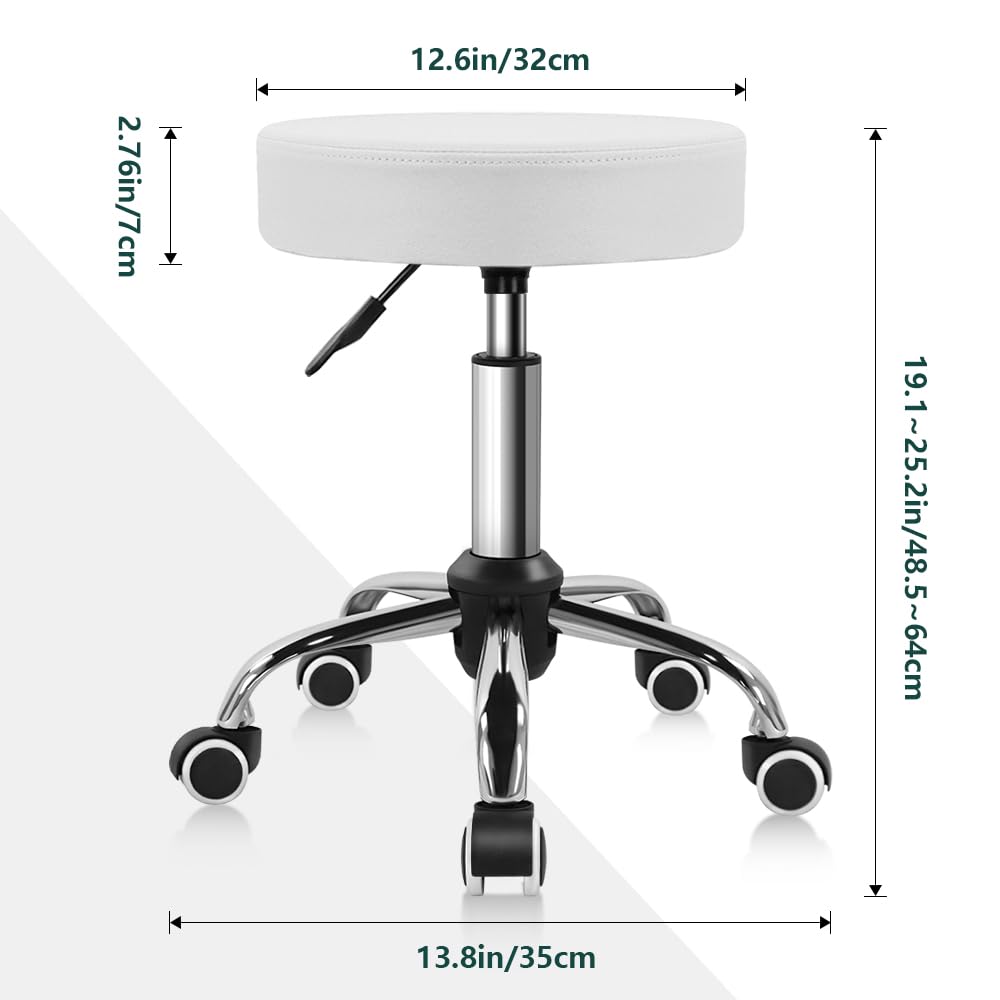 BFTOU PU Leather Swivel Stool with Wheel for Salon Work Home SPA Shop Height-Adjustable and Cost-Effective Rolling Stool Chair Small (White)