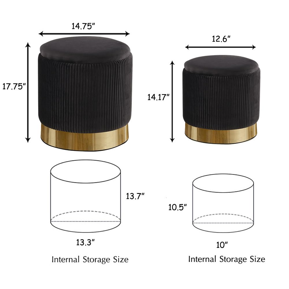 2BYF Round Ottoman with Storage Set of 2 Upholstered Velvet Vanity Stool for Living Room Storage Ottomans Multifunctional Foot Rest (Black with Bottom Gold)