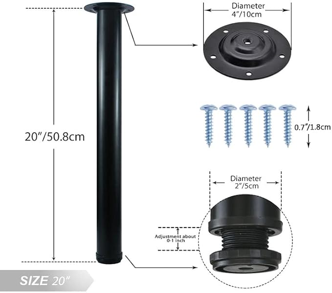 QLLY 20 inch Adjustable Metal Desk Legs, Heavy Duty Furniture Table Legs