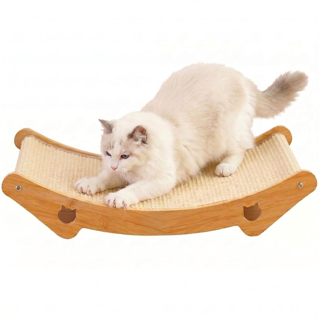 meenguo-pisa Cat Scratcher & Scratching Lounge, 3-in-1 Sisal Bed & Hammock for Indoor Cats, Wood Frame, Curved Lounge, Large 23.6x13.8in, Cat Furniture, 20 lbs