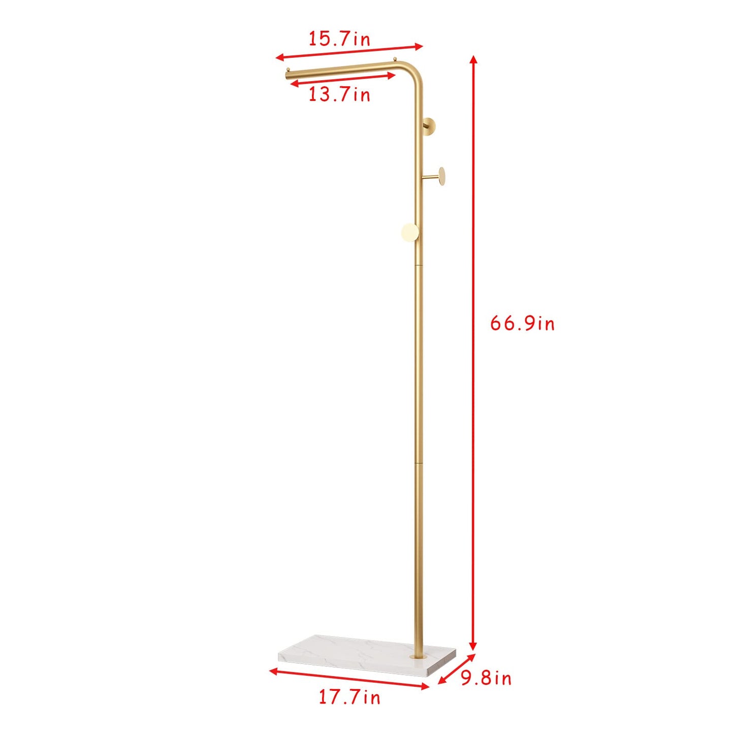 DOORXIFO Gold Coat Rack with White Base, Freestanding Entryway Rack with 3 Hooks, L Shape Home Coat Hanger for Jackets, Hats, Clothes
