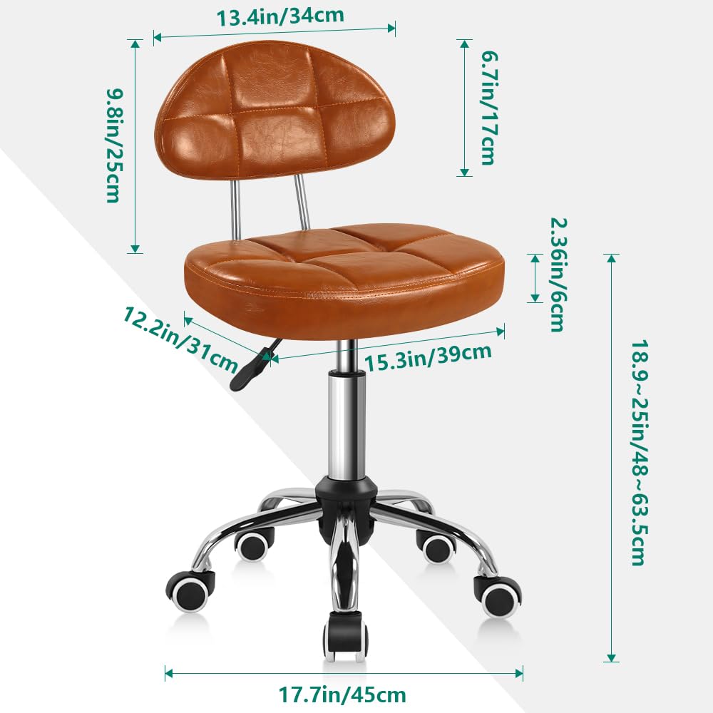 BFTOU Square Minimalist Swivel Stool with Wheel for Work SPA Shop Massage Height-Adjustable and Cost-Effective Rolling Stool Chair with Back (Orange-Brown)