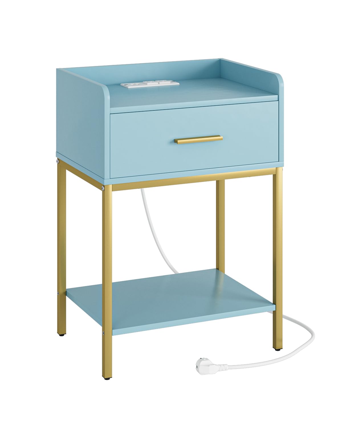 Apetaccat Nightstand with Charging Station,3-Tier Modern Bedside Table Night Stand with Storage Drawer and Open Shelf,Small End Side Table for Bedroom,Living Room,Blue