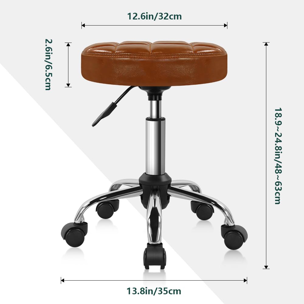 BFTOU Classic Swivel Stool with Wheel for Salon Work Home SPA Shop Height-Adjustable and Cost-Effective Rolling Stool Chair Small (Brown)