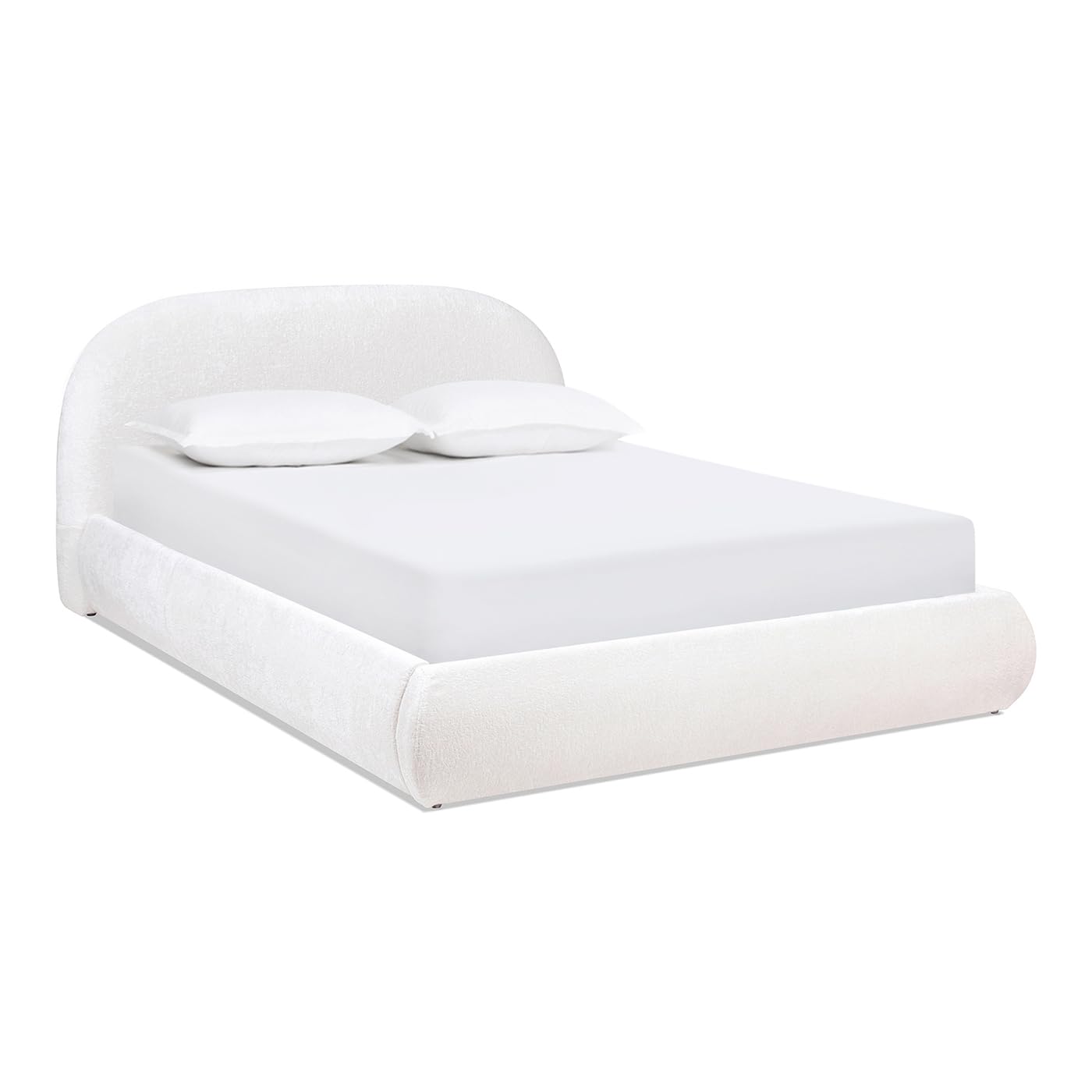 KOYVRY Grounded Bed Frame - Chenille White Bed Frames with Arch-Shaped Headboard and Wooden Slat Support, Upholstered Platform Bed for Bedroom, No Box Spring Required (Queen)