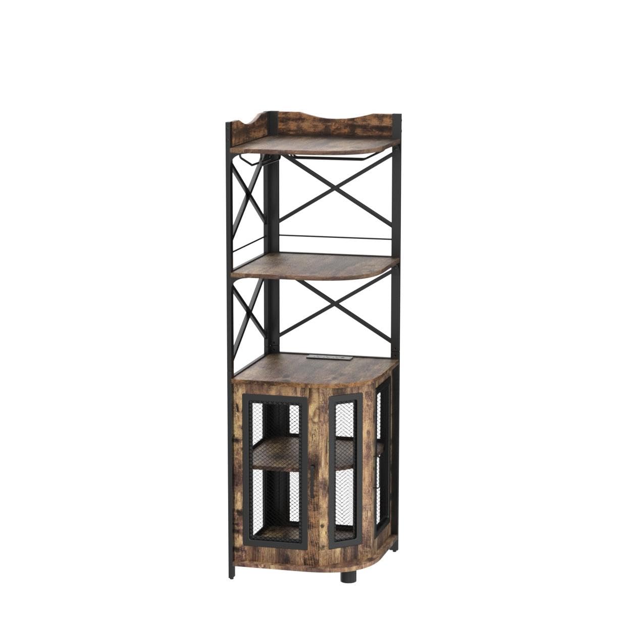 Aheaplus Corner Bar Cabinet with Power Outlet, Industrial Wine Cabinet with LED Strip and Glass Holder, 5-Tiers Liquor Cabinet Bar Unit for Home, Corner Display Cabinet for Small Space, Rustic Brown