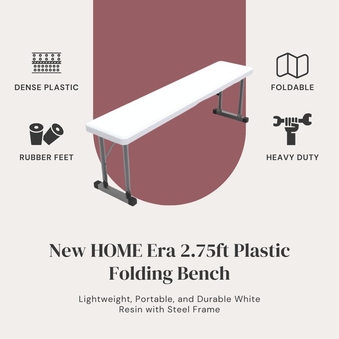 New Home Era 2.75ft Plastic Folding Bench – Lightweight and Portable White Resin with Durable Steel Frame, 33”x8”x16” - (Pack of 1, White, 2.75 Feet)
