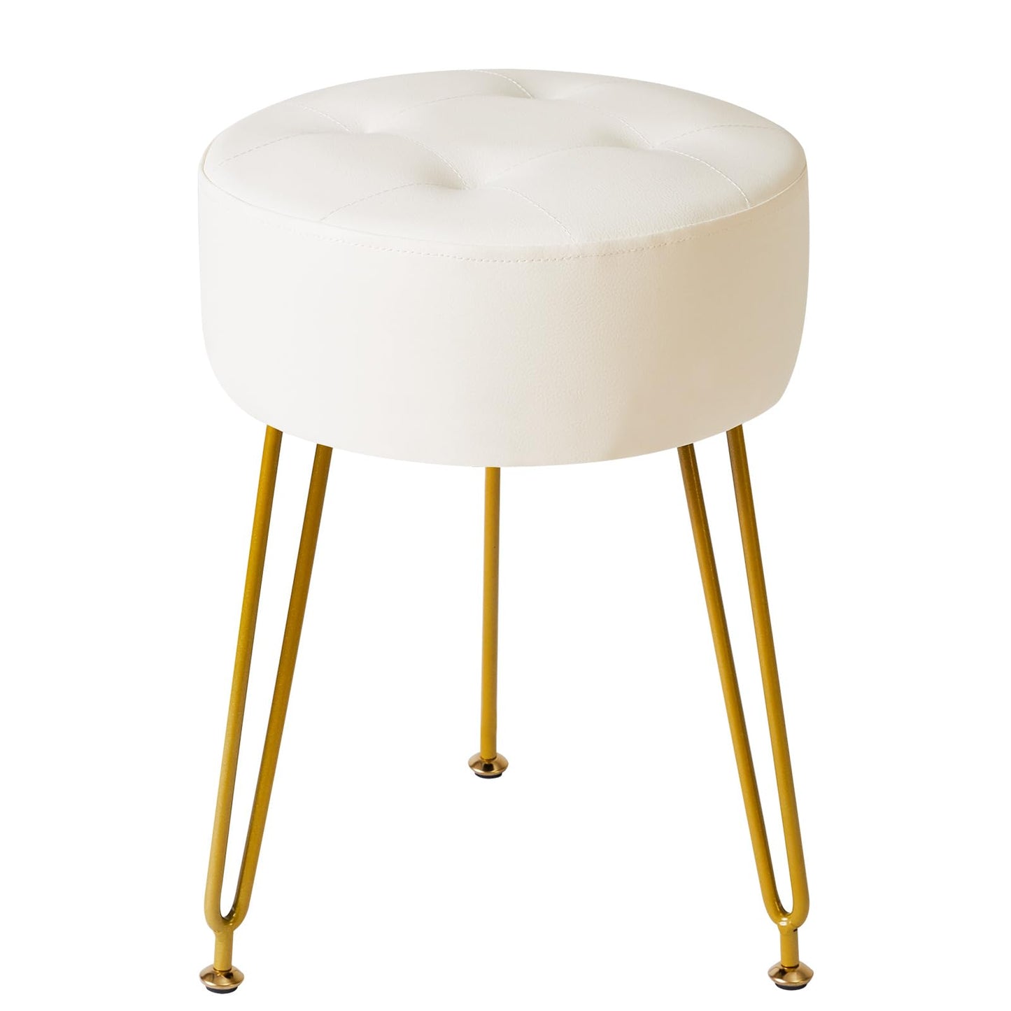 IBUYKE Faux Leather Round Footrest Stool, Makeup Vanity Stool Side Table, PU Dressing Table Seat, Pouf Couch Stool, Golden Steel Legs, White LG-31W