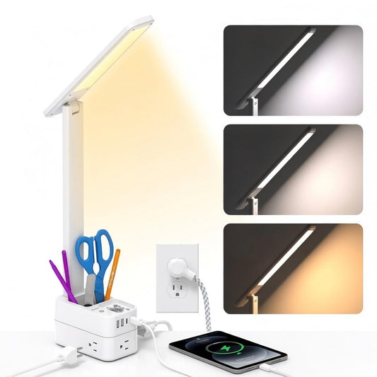 Addtam Desk Lamp with Pen Holder, LED Desk Lamps for Home Office, Power Strip with 3 Outlets 4 USB Charging Ports(2 USBC), 3 Color Modes Touch Lamp, Study Lamps for College Dorm Room Essentials, White