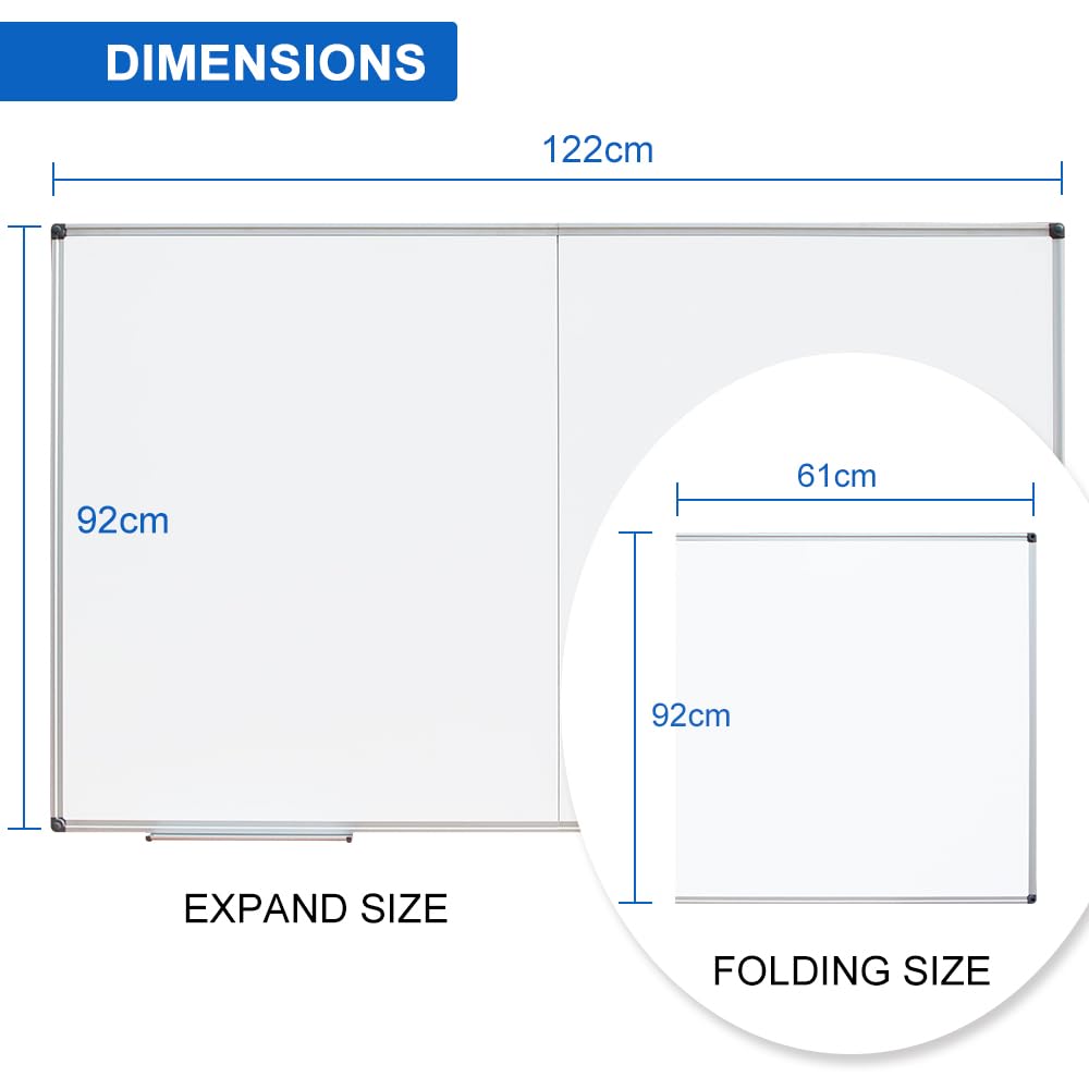 NEWPUTE Large Magnetic Whiteboard 48 x 36 Inch, Foldable Dry Erase White Board with Pen Tray, Big Aluminum Frame Folding Message Presentation Board for Wall