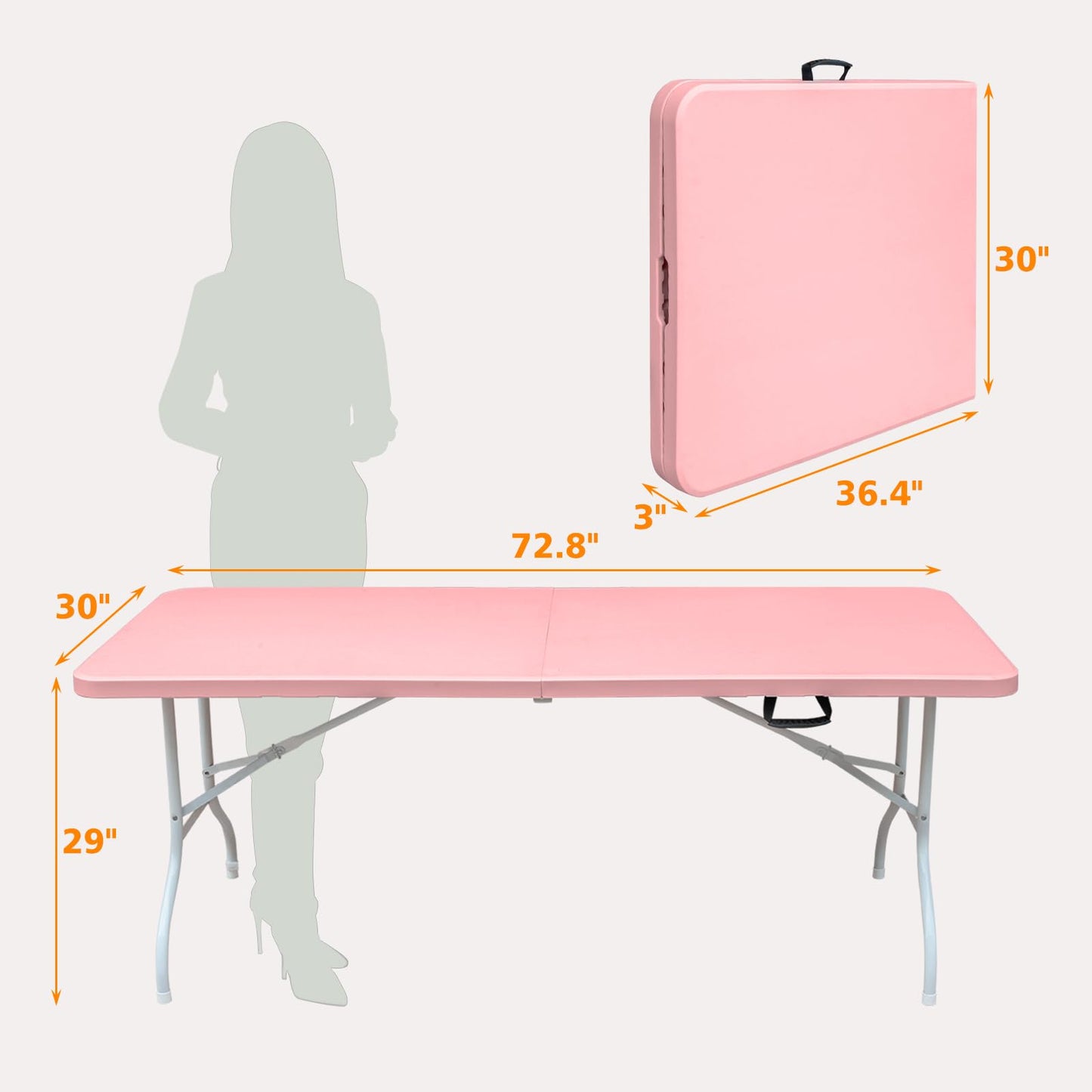 SculPong 6 FT Folding Table with Carry Handle, Portable Fold-in-Half Plastic Table, Rectangle Foldable Table for Indoor/Outdoor Beautiful Pink