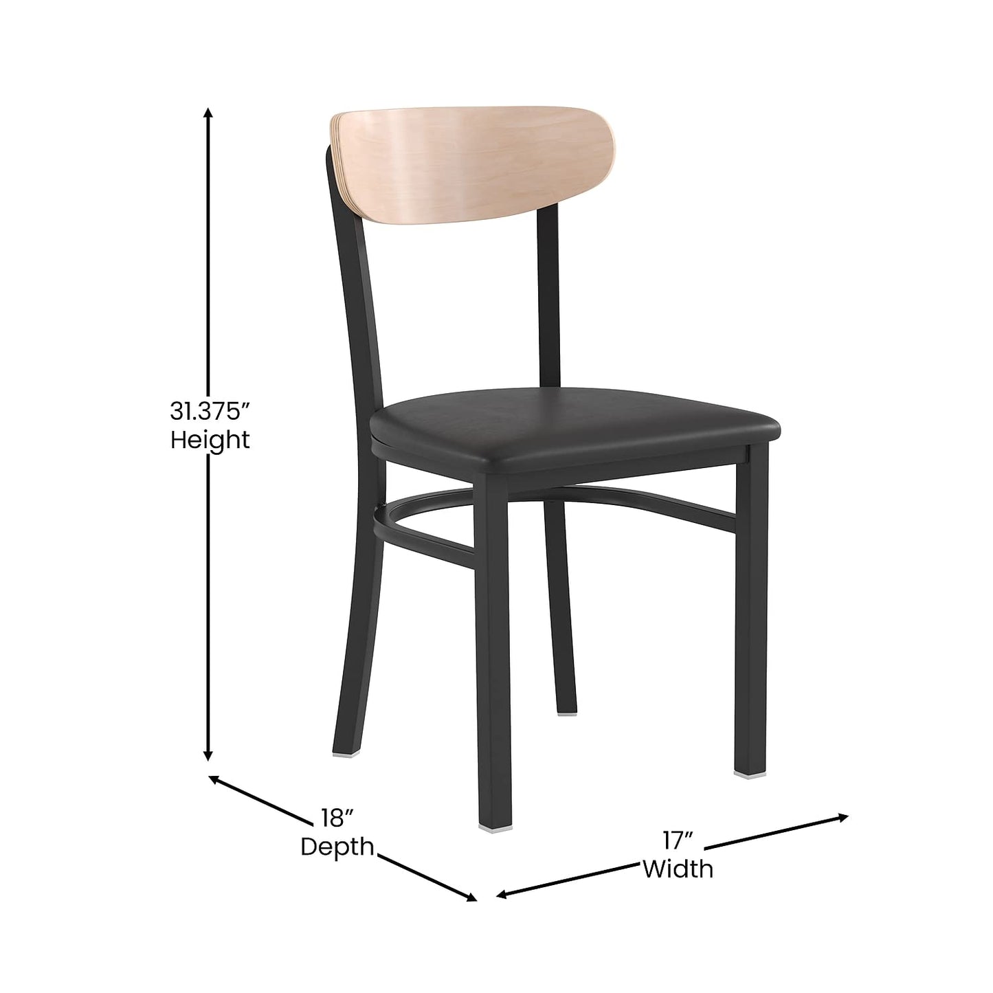 Flash Furniture Wright Set of 2 Commercial Dining Chairs - Natural Wood Boomerang Back - Black Vinyl Seat - 500 LB. Capacity Black Steel Frame-Integrated Footrest