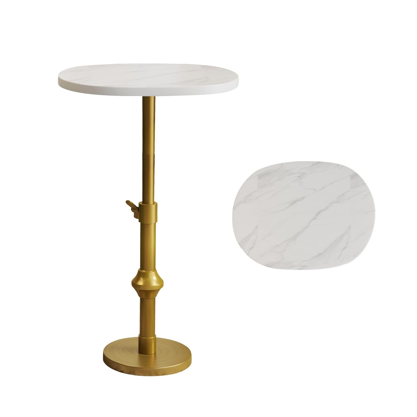 WHGBJA Adjustable Drink Table, 10"x12"x(22“~30") Martini Table with Metal Antique Brass Stand Base, Drink Tables for Small Spaces, Living Room, Bedroom, Or Office (White)