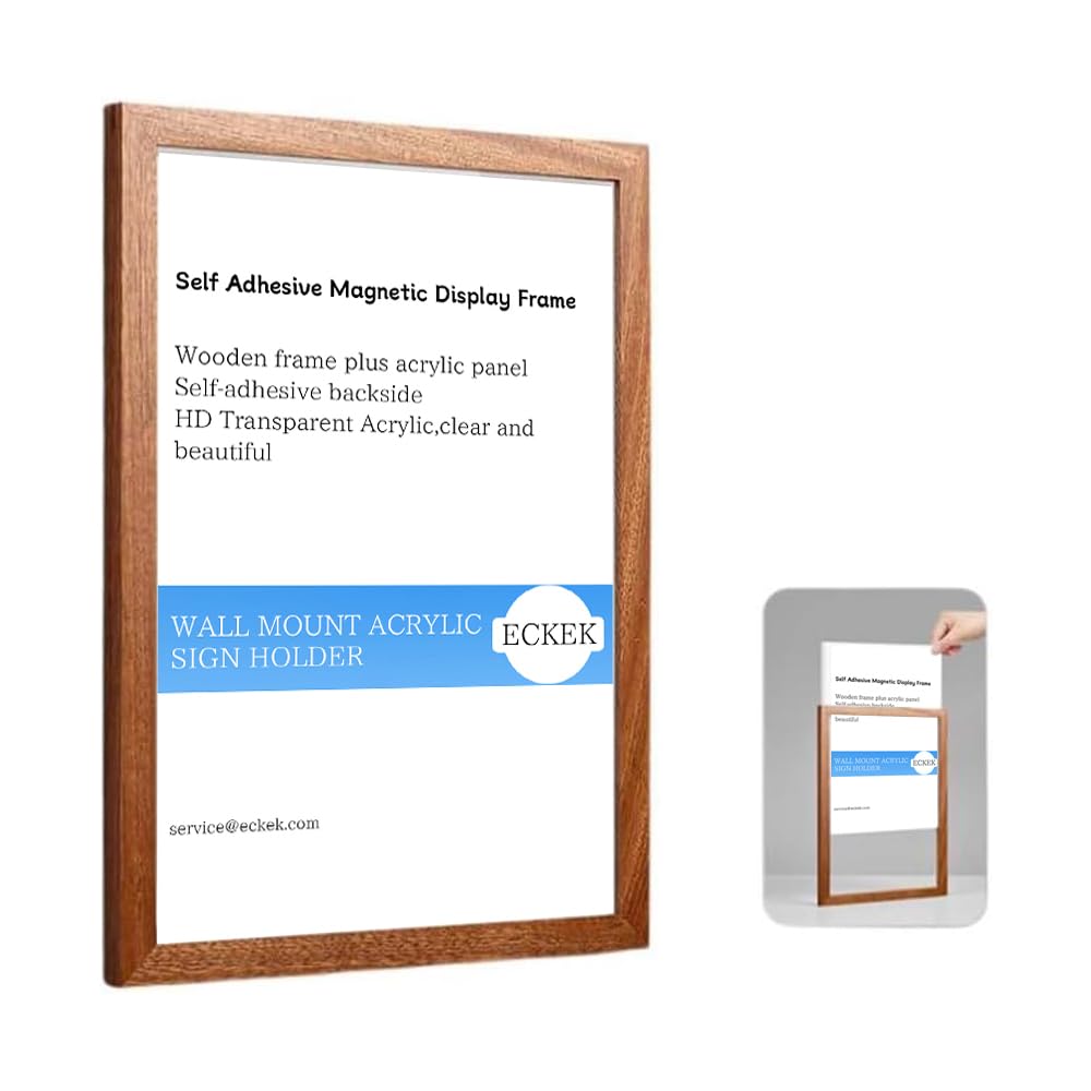 ECKEK Wall Mount Acrylic Sign Holder Self Adhesive Magnetic Display Frame Clear Document Frame for Office, Store, School, Home, Wall Picture Frame (Sapele Wood A5 148×210mm/5.83×8.27inches)