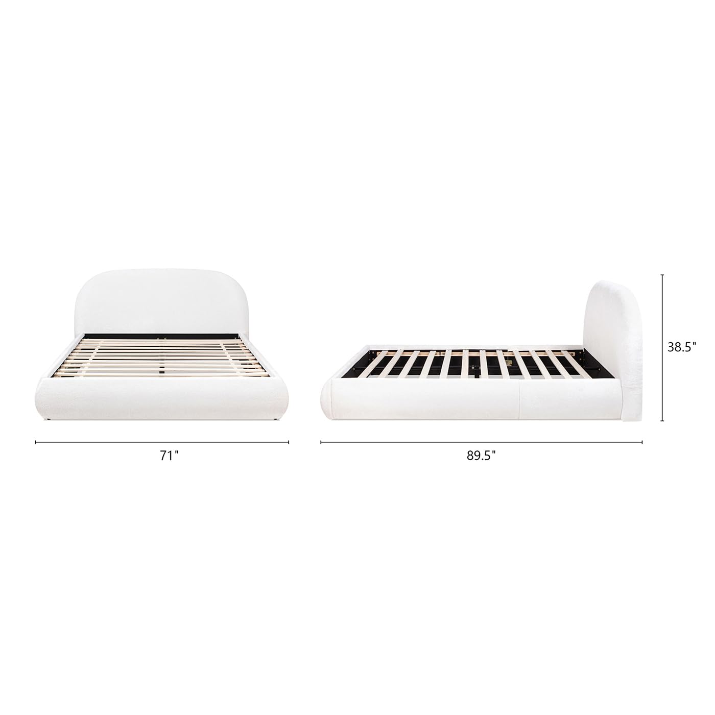 KOYVRY Grounded Bed Frame - Chenille White Bed Frames with Arch-Shaped Headboard and Wooden Slat Support, Upholstered Platform Bed for Bedroom, No Box Spring Required (Queen)