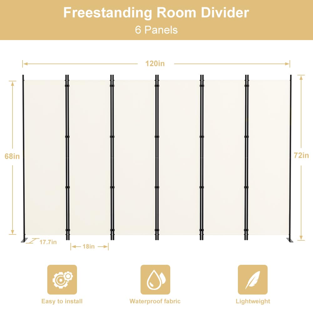 Kokorona 6 Panel Room Divider, 6FT Tall Folding Privacy Screen Wall Dividers, Portable Privacy Screen Freestanding Room Divider for Room Separation, Included - Cover Strips, Beige, 120''W x 72''H