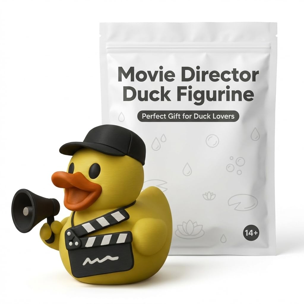 Movie Director Duck Collectible Figurine - Unique Desk Decor with Clapperboard and Megaphone for Home or Office Display - 3D Printed in Canada