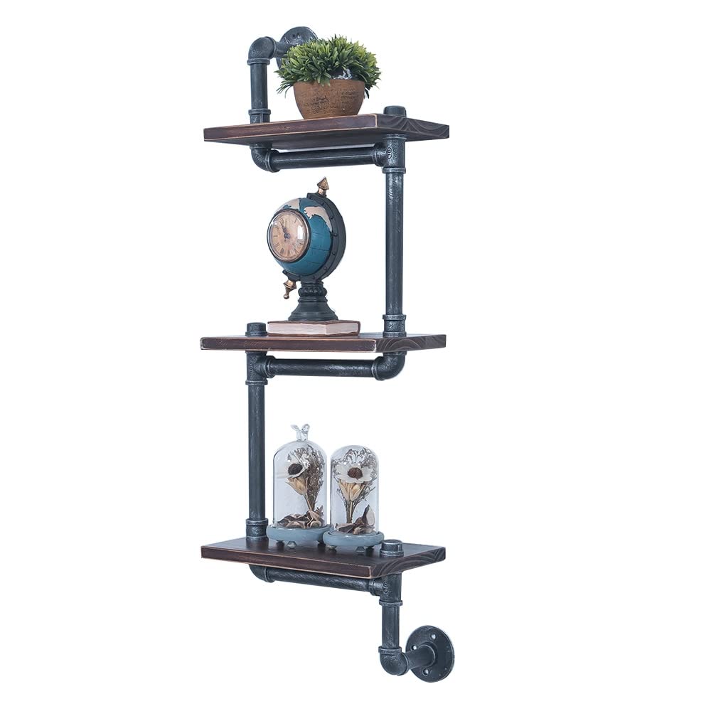 OLDRAINBOW Industrial Pipe Shelving Wall Mounted,11.8in Metal Floating Shelves,Real Wood Book Shelves,Wall Shelf Bookshelf Shelves Bar Shelving(3 Tier)