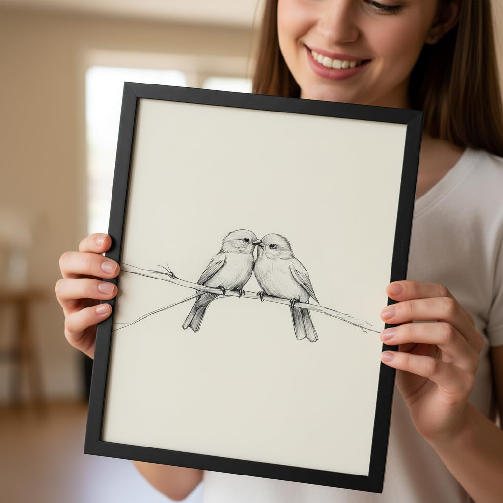 FBBLANG Minimalist Love Birds Wall Art – Neutral Beige Black & White Bird Illustration, Modern Scandinavian Home Decor for Bedroom Living Room Office Bar Black Frame 10 x 8 in