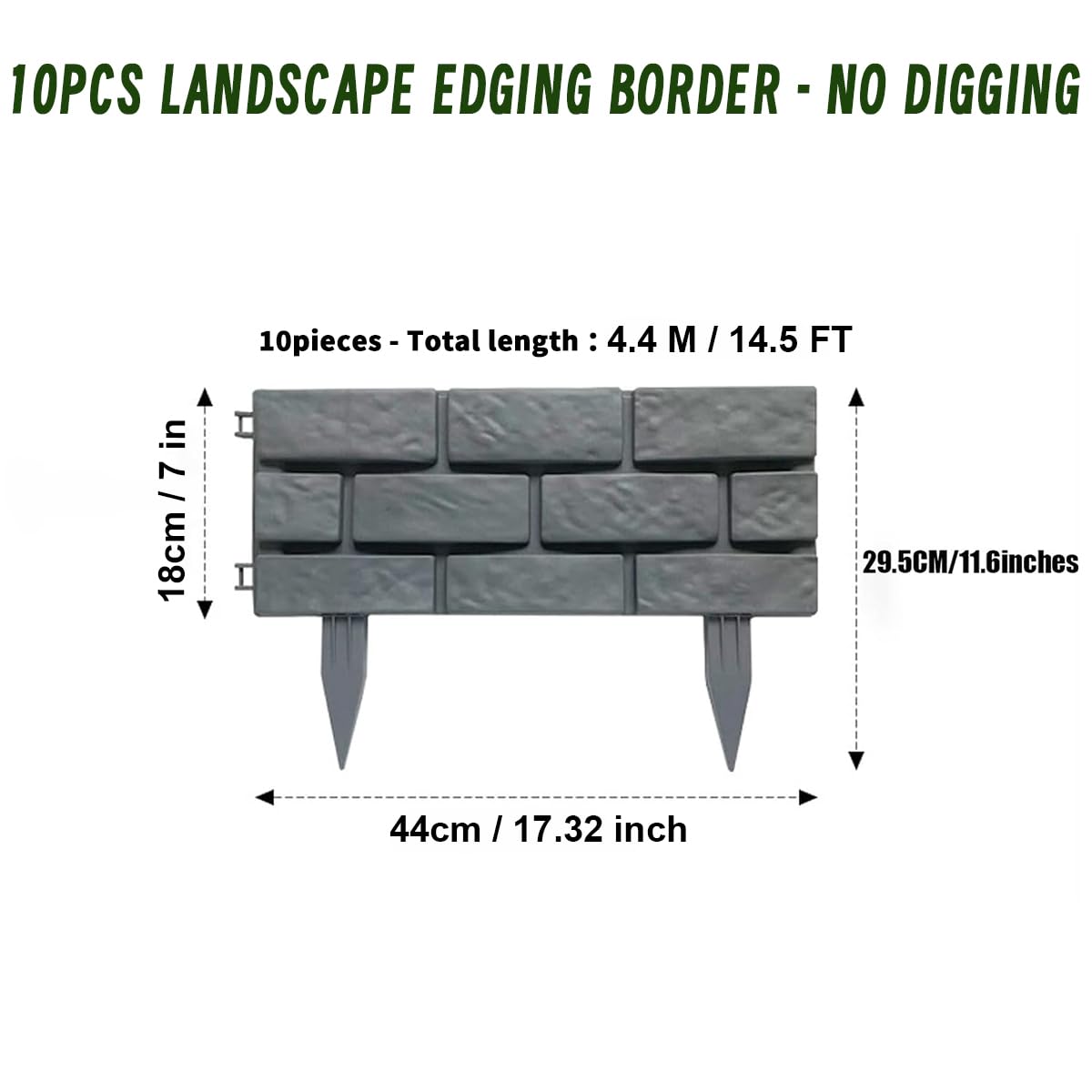 14.5FT/4.4M Brick Effect Garden Edging Border, 7IN/18CM Tall Lawn Flower Bed Edging Decorative Panels,Landscape Edge for Yard Tree Grass Path, DIY Straight/Curved/Circular Shapes -10PCS Grey