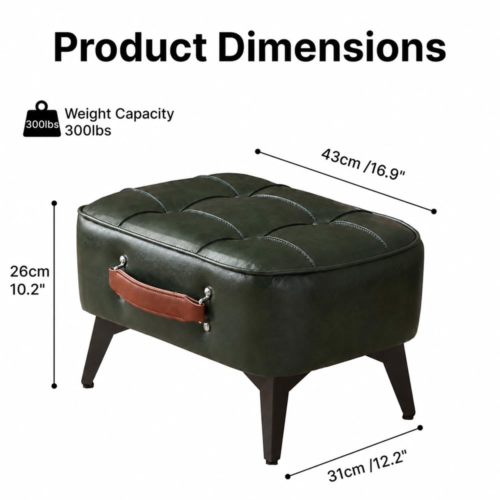 Vintage Style Faux Leather Ottoman Footstool - Wooden Frame, Upholstered Interior, Multi-Use Footrest for Living Room, Entryway, Office (Green Black)