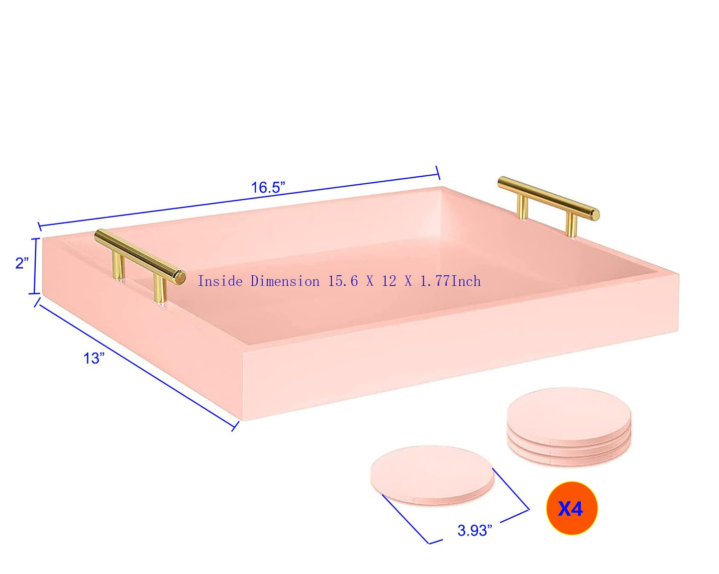 Juleduo Serving Tray 16.5“X 13“ Deluxe Wooden Ottoman Tray, Food Tray for Eating, Dinner Trays for Eating on Couch Coffee Table with Polished Gold Metal Handles-4 Round Coasters Included（Pink）