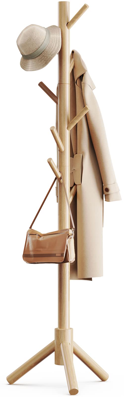 Pipishell Solid Wooden Coat Rack Freestanding, Hall Tree with 8 Hooks, 3 Height Options for Coats, Hats, Handbags, and Scarves, Tool-Free Assembly, Space Saving Design for Entryway, Office, Bedroom