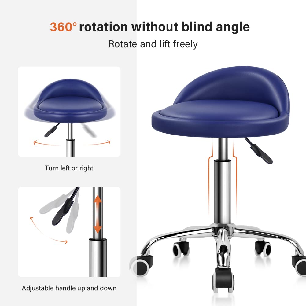KKTONER PU Leather Round Rolling Stool with Back Rest Height Adjustable Swivel Drafting Work SPA Task Chair with Wheels (Blue)