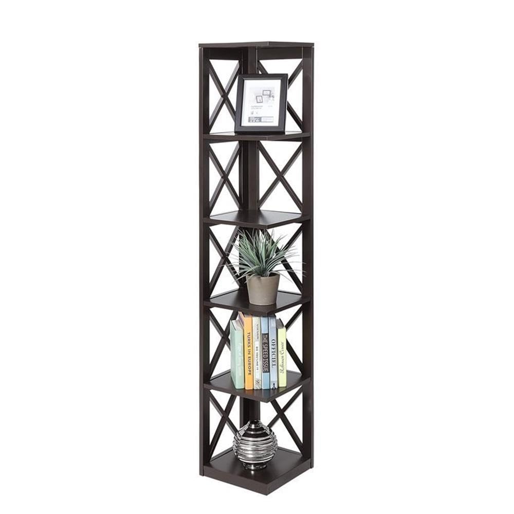 Convenience Concepts Oxford Corner Bookcase 12" - 5-Tier Slim Farmhouse Bookcase for Modern Living & Family Room, Media Storage Organizer for Home Office Library, Tall Shelving Unit, Espresso