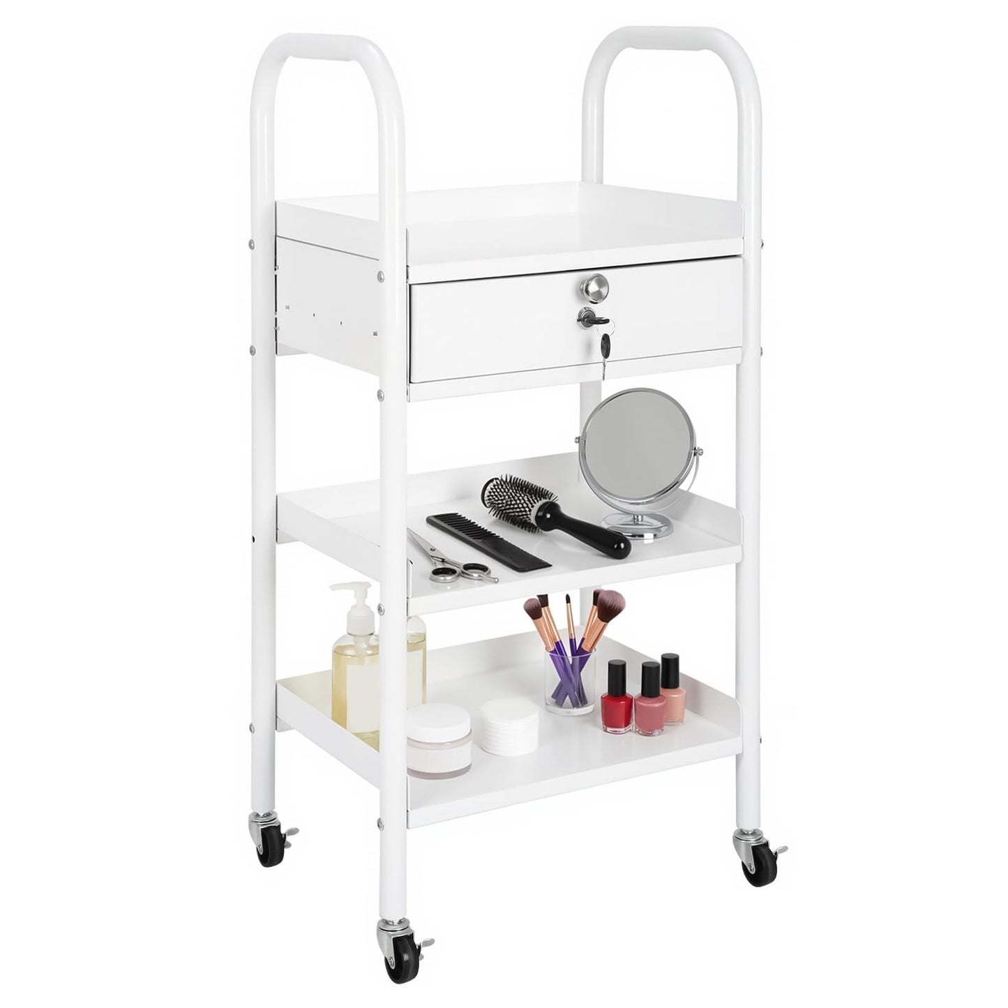 LEIBOU Beauty Salon Trolley Cart Hair Station with Wheels, Tray Cart with 1 Drawer & 2 Trays, Medical Esthetic Supply Holder for Massage Tattoo Facials