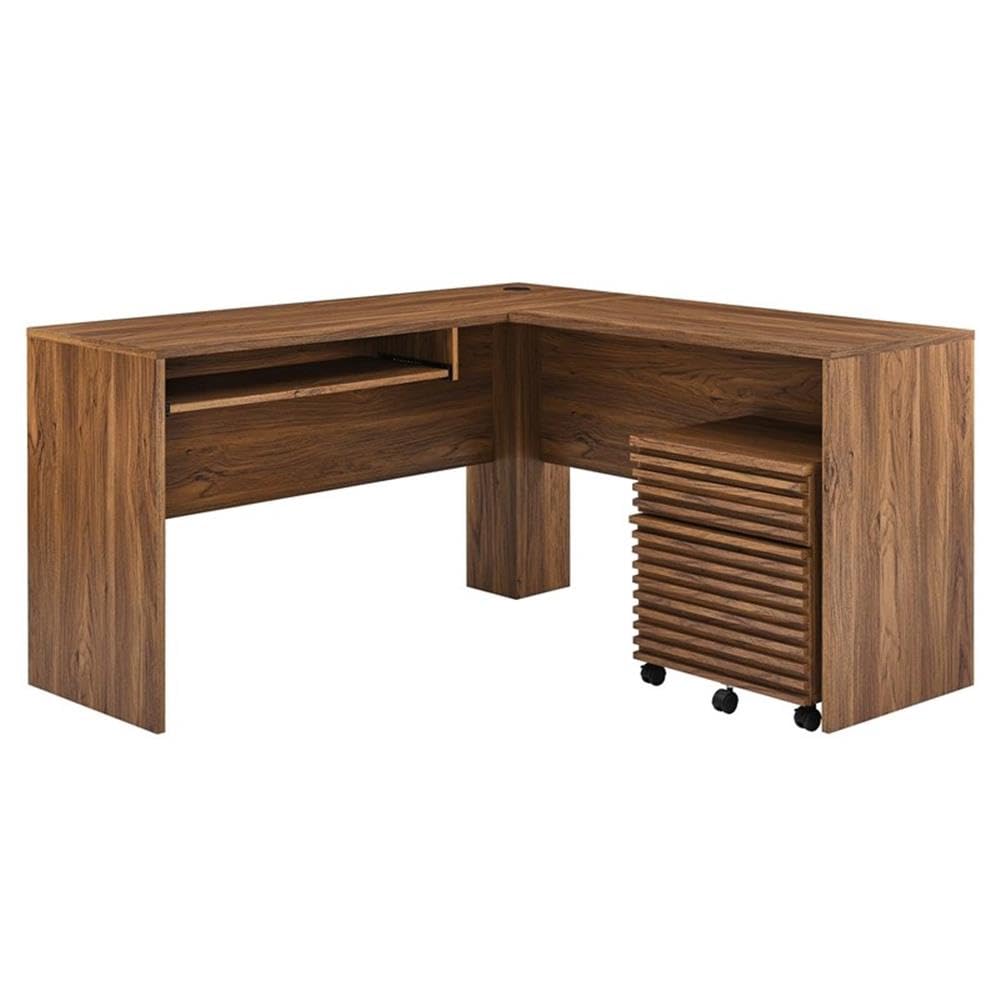 Modway Render Mid-Century Modern Office, Desk and File Cabinet Set, Walnut