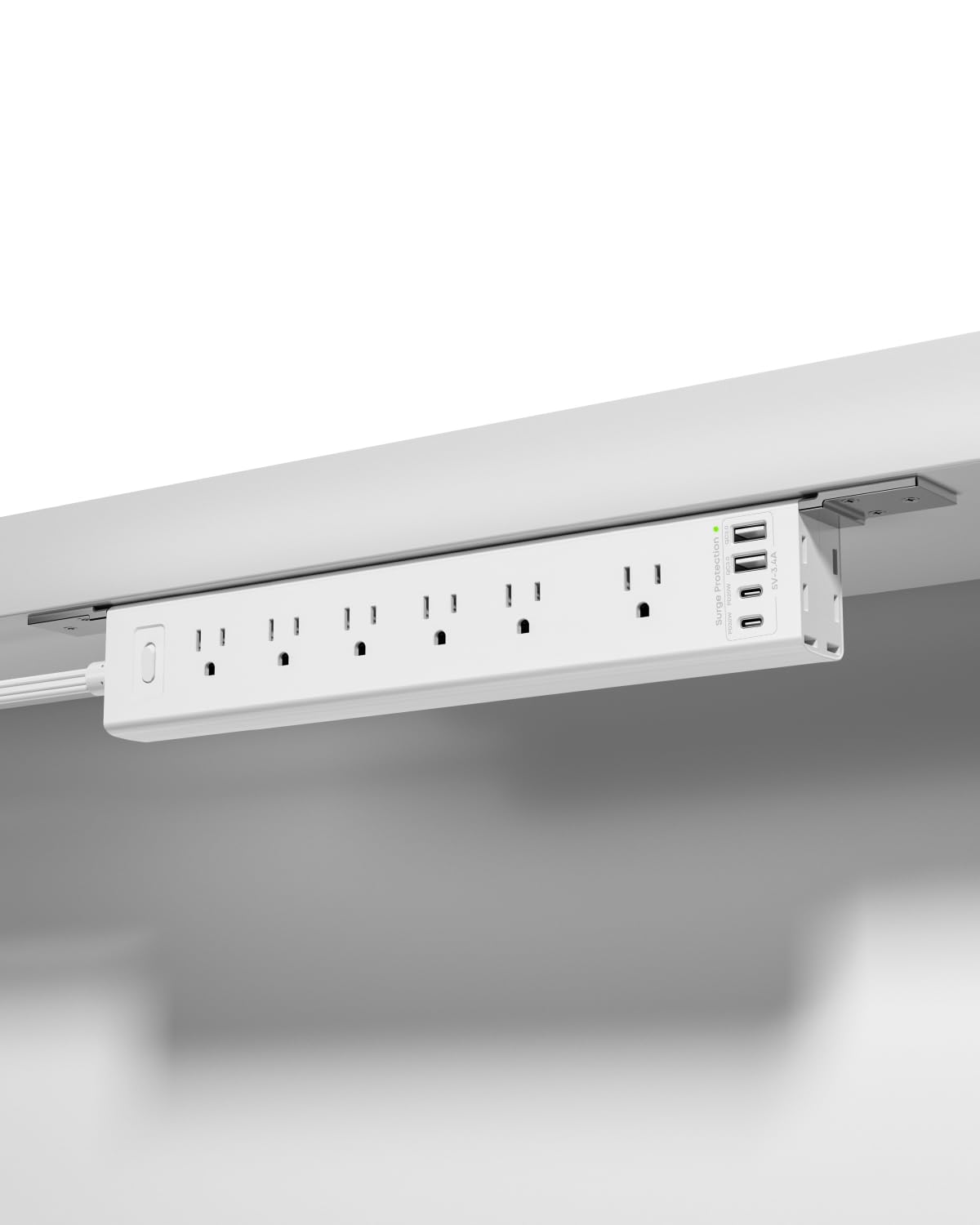 360° Mountable Surge Protector Power Strip with 4 USB Ports (2 USB C), 6 FT Electrical Outlet & Flat Plug Extension Cord for Under Desk, Wall, or Corner Mount (White)