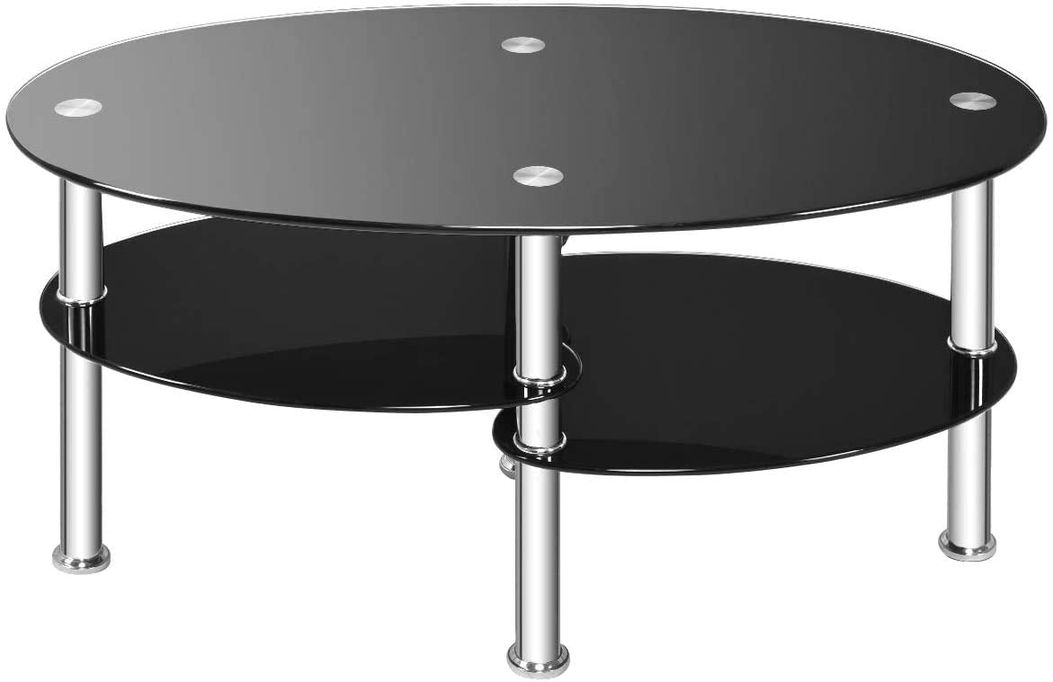 FANTASK Tempered Glass Coffee Table, Oval 3-Tier Steel Tea Table w/Spacious Glass Desk-Top, Open Storage Shelf, Modern End Side Table for Home Living Room Office Reception (Black Glass)