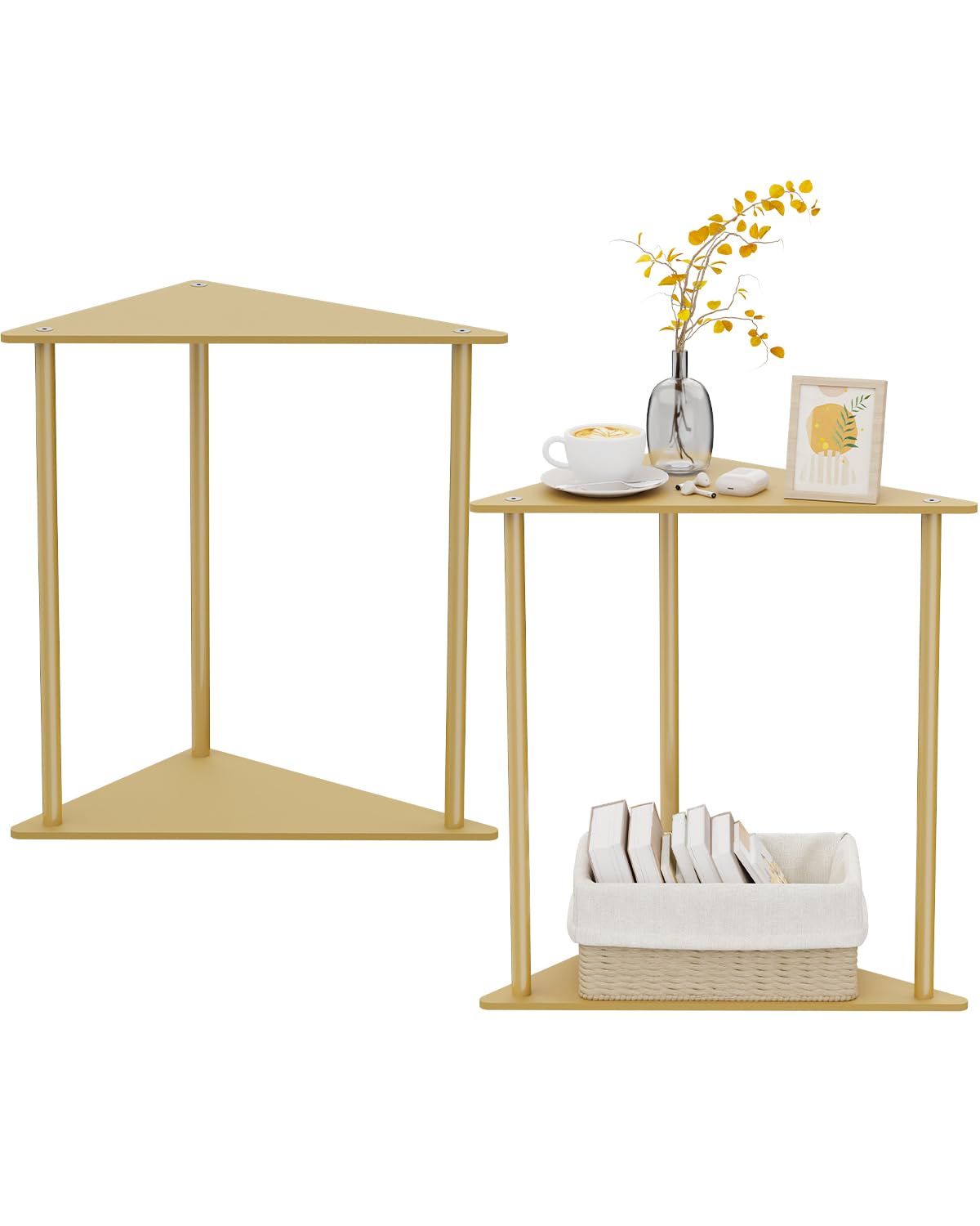 Yawinhe Metal Side Tables Set of 2,Small End Table with Storage Shelves,2-Tier Nightstand Bedside Table for Small Spaces,Modern Triangle Coffee Table for Living Rooms,Bedrooms,Golden,SZJ202J-2