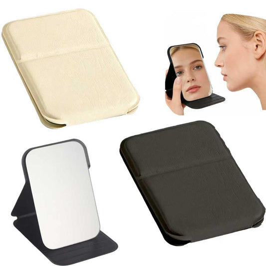 2Pcs Folding Vanity Mirror 10.5 × 7 CM – PU Leather Portable Tabletop Makeup Mirror with Adjustable Stand, Compact Foldable Table Mirrors Design for Home, Bedroom, Dressing Table, Bathroom & Desk