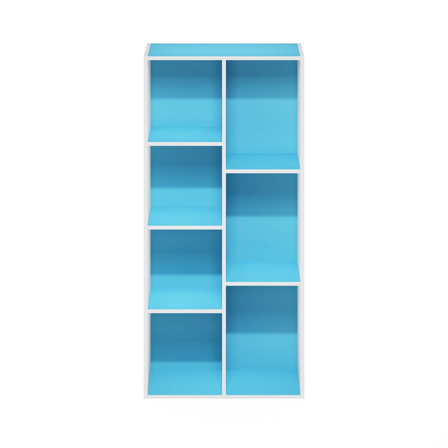Furinno LUDER Book Shelf, 7-Cube Bookshelf, Bookcase with Open Shelves, 9.4 x 19.5 x 41.7, Easy Assembly, for Living Room, Bedroom, Home Office, White/Light Blue